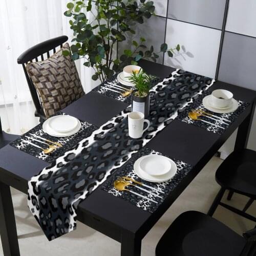 Leopard Print Black White Striped Table Runner Set for Home Kitchen Dining Table Wedding Party Holiday Dinner Decoration