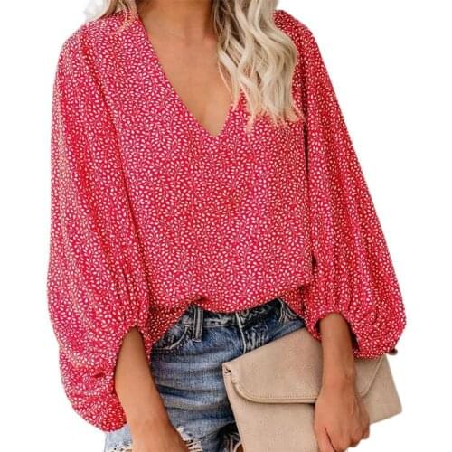 Fashion Vintage Women Blouse V Neck Printed Long Lantern Sleeve Loose Casual Blouses Top Spring/Summer 2021
