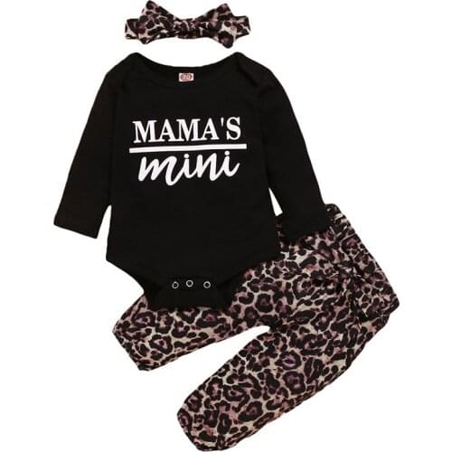 Three Piece Baby Girls Autumn Clothes Newborn Baby Girls Funny Letter Long Sleeve Jumpsuit Leopard Printed Long Pants Headband