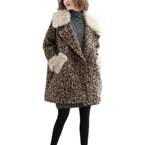 Fashion Womens Leopard Blended Woolen Coat Big Fur Collar Lamb Wool Coats Ladies Autumn Winter Keep Warm Coat Outwear 2020