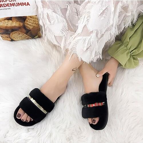 Dropshipping Winter Fashion Women Home Slippers Faux Fur Warm Shoes Woman Slip on Flats Female Fur Flip Flops Pink Plus Size