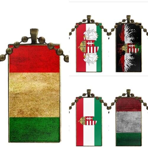 Hungary National Flag Emblem For Unisex Gift Glass Pendant Necklace Handmade Half Pendant Rectangle Necklace