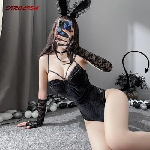 Sexy Lace Underwire Cotton Pad Sling Fine Velvet Bunny Girl Open Crotch Anime Cosplay Costume Bodysuit Erotic Outfit for Woman