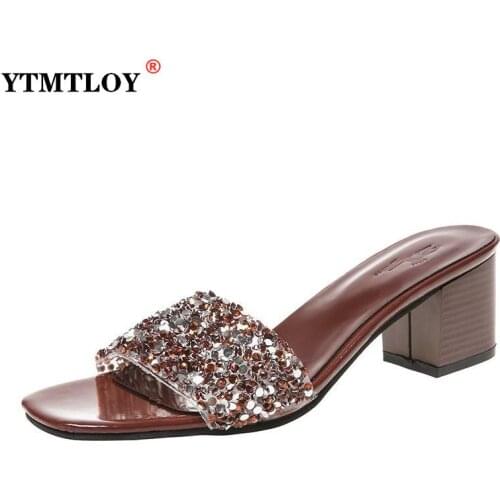 Slippers Casual Female Shoes Square Toe Slides Luxury Soft Block Fashion PU Hoof Heels Bling Square Heel Summer Flip Flops