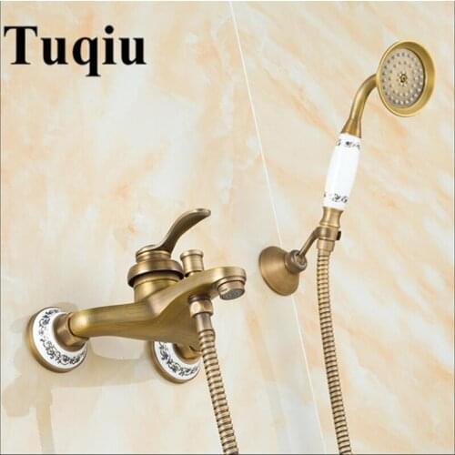 Bathtub Faucets Antique Brass Shower Set Bathtub Mixer Tap Single Handle Dual Control Shower Wall Mounted For Bathroom