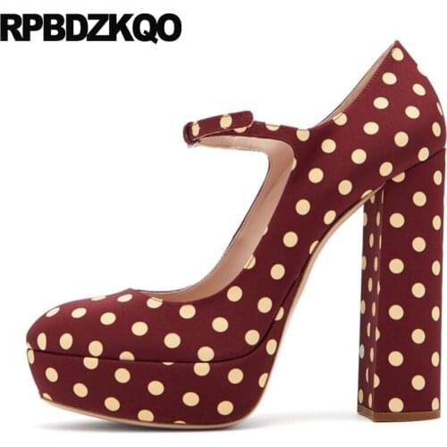 Platform Round Toe High Heels Elegant Women Shoes Gothic 16cm Block Mary Jane Super Pumps Polka Dot Red 12 44 Extreme Plus Size