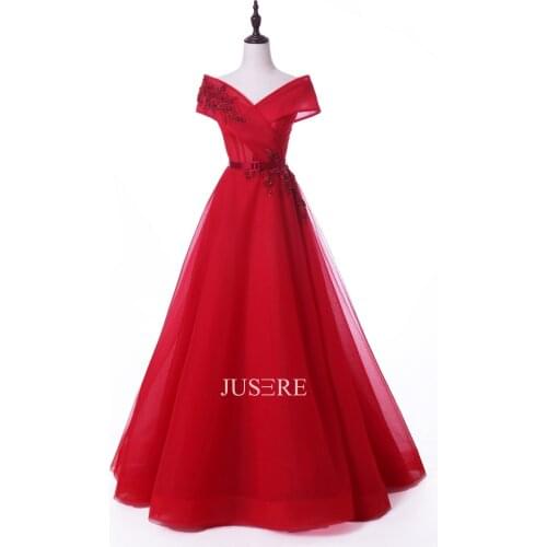 2019 Spring Summer Jusere Haute Couture Beadings Appliques A Line Evening Dresses Cap Sleeves Red Tulle Party Dresses Custom mad