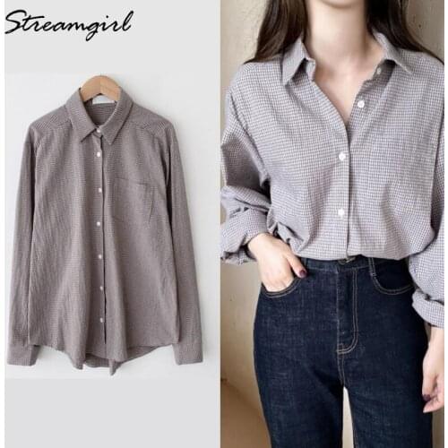 Women Plaid Shirt Blouse For Spring Office Black Long Sleeve Casual Female Vintage Shirts Women Blouses 2021 Brown Plaid Shirt