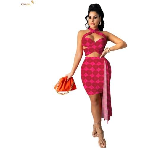 HAOOHU Womens Clothing 2021 Autumn Fashion Heart Print Lace-up Sexy Slim Hip Mini Skirt Suit Urban Casual 2-Piece Sets Elegant