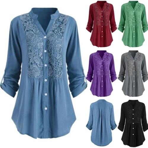 Solid Lace Panel V Neck Shirt Women 2020 Spring Casual Long Sleeve Button-up Shirts S-5XL Plus Size Tops White Black Blue Tunic