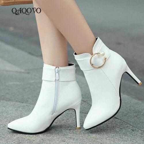 Women Thin High Heel Ankle Boots Fashion Zipper Boots Comfort Pointed Toe Buckle Fall Winter Women Boots Black Yellow White