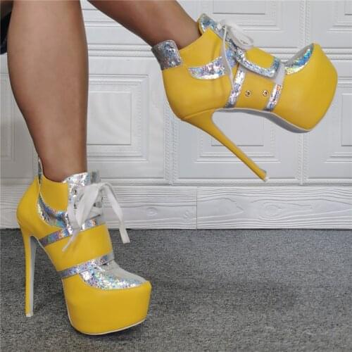 New Intrigue Color Leather Patched Lemon Yellow Lace Up Ankle Short Boots Female Gladiator High Platform High Heel Martin Boots