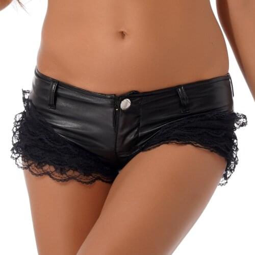 Womens Pole Dance Shorts Lace Patchwork PU Leather Rave Shorts Ladies Fashion Low Waist Button Hot Pants Bar Clubwear