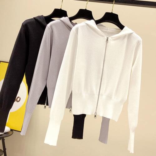 2021 New Hooded Vertical Stripe Solid Color Knitting Cardigan Spring Summer Short Sweater Womens Double Zipper Long Sleeve Top