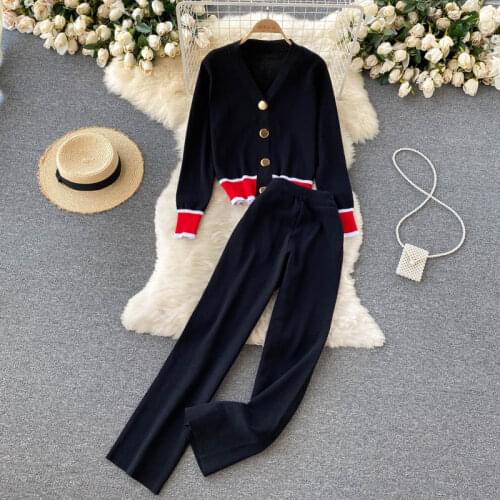 Autumn Lazy Wind Hit Color Suit Women V-neck Long-sleeved Knitted Cardigan Top + High-waist Wide-leg Pants Two-piece Suit DF782