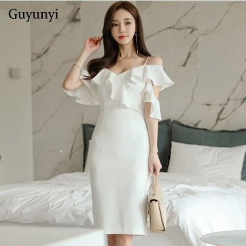 High Waist Tight Dress 2021 Summer Simple White V-Neck Sexy Sling Strapless Decorative Ruffles Elegant Party Womens Dresses