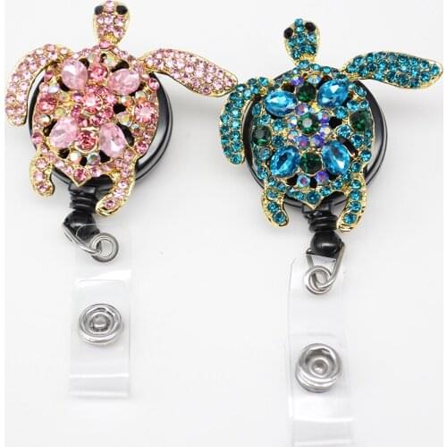 10pcs/lot Different Colour Style Pink And Blue Crystal Turtle Retractable Working Id Badge Holder