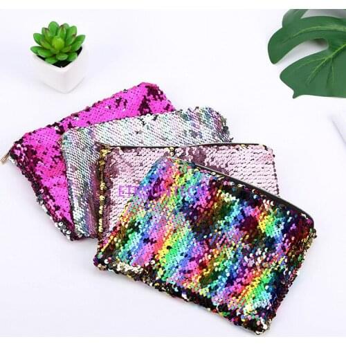 100pcs/lot Women Reversible Sequins Mermaid Glitter Make Up Pouch Fashion Handbag Popular Lady Cosmetic Bag Evening Clutch Bag