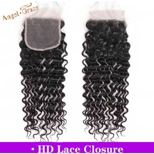 Angel Grace Hair Brazilian Deep Wave Hair HD Lace Closure 10-20 Inches 4x4 Middle/Free Part Remy Human Hair Lace Closure