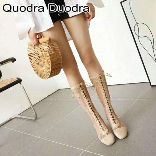 Boots new Autumn Summer shoes boots Flock PU chunky high heels zipper boots pointed toe Hollow out Square heel plus size 34-43