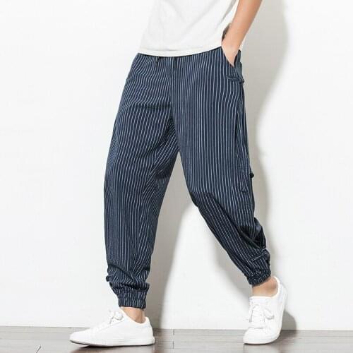 Streetwear Harem Pants Men Korean Style Casual Loose Cotton Linen Striped Men Sweatpants Jogger Pants Streetwear Trousers
