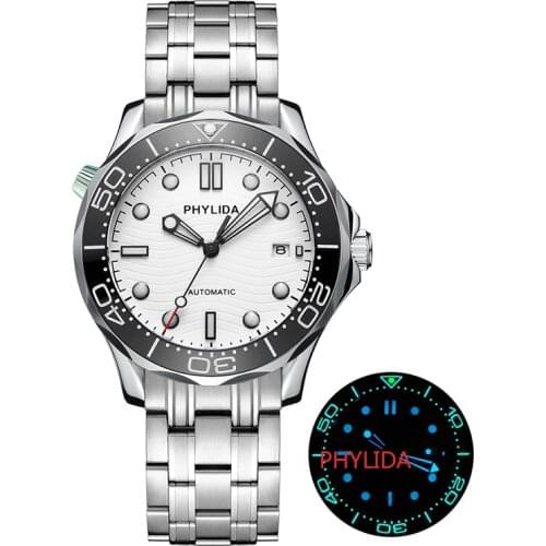 PHYLIDA 10bar Waterproof White Dial Japan Miyota Automatic Watch Type for Sport Diver Sapphire Crystal Solid Bracelet Home Gift