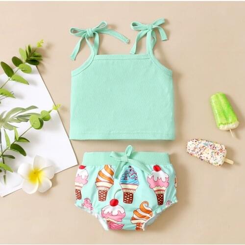 0-18 Months 2 Pieces Sweet And Cute Style Little Girl Suit Summer Green Sleeveless Sling Top + Ice Cream Print Shorts Suit