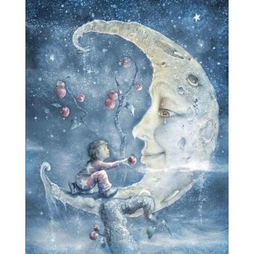 Moon with kids painting 5d diy diamond painting full round diamond cross stitch wall stickers diamond embroidery decoration