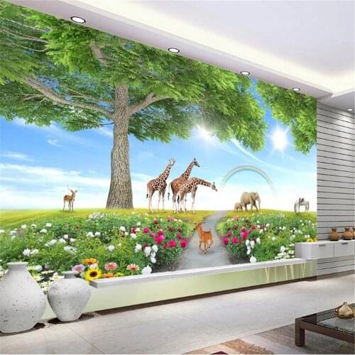 Milofi professional custom large wallpaper mural HD big tree animal world childrens room fantasy TV background wall