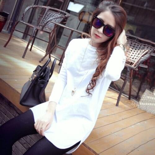 Fashion Korean Plus size S-3XL Long T shirts Autumn Winter Women Loose Long sleeve Slit Femme Tops Cotton Tshirt