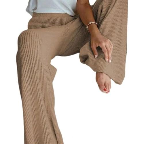 Fashion Women Pants High Waist Elastic Waistband Knitted Trousers Women Solid Color Wide Leg Slacks pantalon femme брюки женские