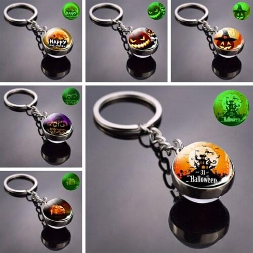 Fashion Halloween Keychain Luminous Double Side Glass Ball Black Night Castle Halloween Pendant Jewelry Creative Gift