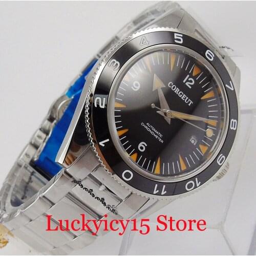 CORGEUT Fashional Black 41mm Self Winding Men Wristwatch Sapphire Glass Automatic Movement Steel Band Date Window