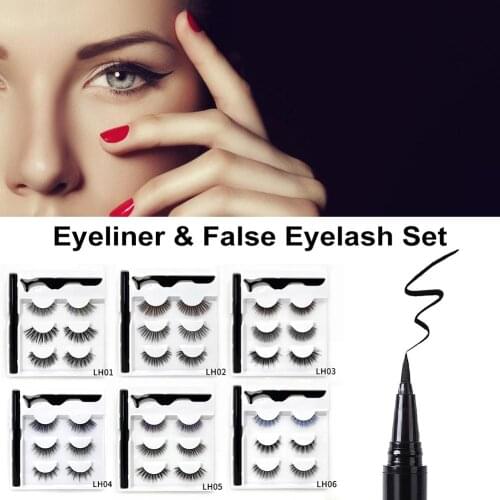3 Pairs False Eyelashes And Eyeliner Kit- No Glue Non Magnetic Waterproof Reusable Eyelashes With Sticky Liquid Eyeliner Mascara
