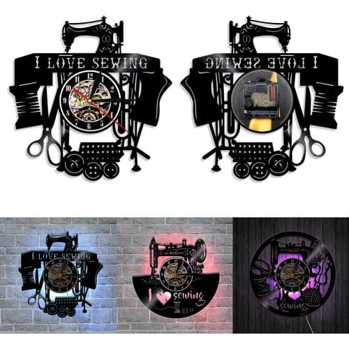 Vintage Handmade I Love Sewing Machine Silent Record Wall Clock Home Bar Decor Silent Quartz Movement With/Without Light