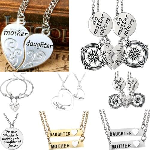 2PC Mother Daughter Heart Pendant Necklace Family Love Mom Chain Charm Women Girls Mothers Day Birthday Party Gifts Mommy Mum