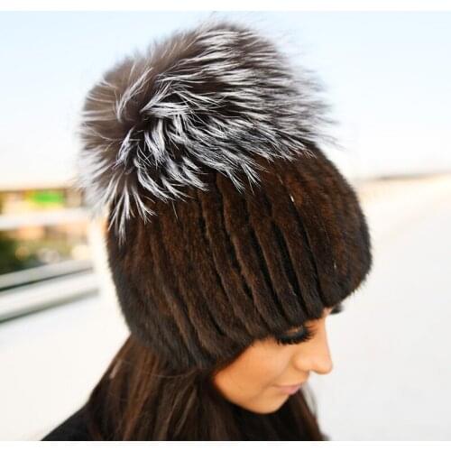 CX-C-16B Factory Wholesale Price Fashion Ladies Big Fox Pom Pom Knitted Mink Fur Hat