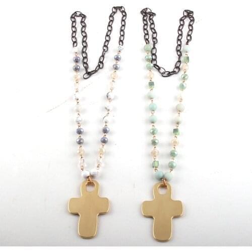 New Styles Fashion Jewelry Black Chain Natural Stone /Glass Metal Cross Pendant Necklaces For Women Ethnic Necklace