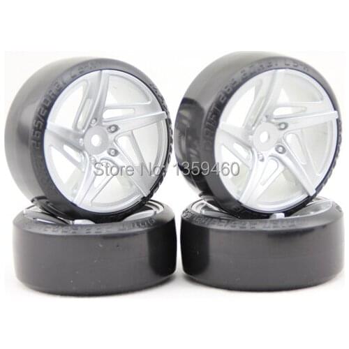 Pre-Glued New 4pcs RC Carpet Drift Tires Tyre Wheel Rim 1/10 Drift Tire StarS (Painting Silver) 6mm offset Drifting For Carpet