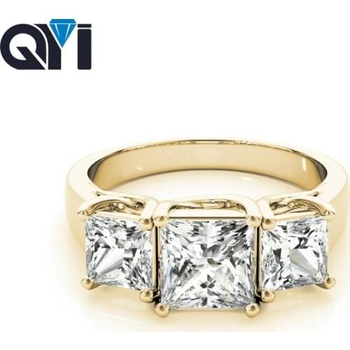 QYI 14k Yellow gold Rings For Women 1.25 ct Princess Cut Simulated Diamond Three Stone Engagement Rings