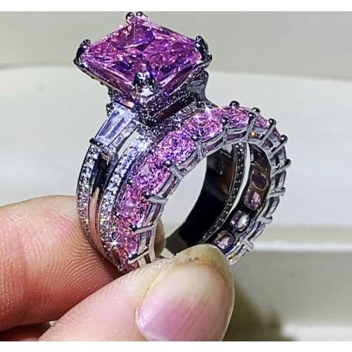 Size 5-10 Top Selling Luxury Jewelry 925 Sterling Silver Princess Cut Pink 5A Zircon Eiffel Tower Women Wedding Lover Ring Set