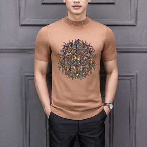 Luxury European Mens Sweater Fashion Hot Drilling Short Sleeve High Quality Knitted Top Fabric Handsome T-Shirt