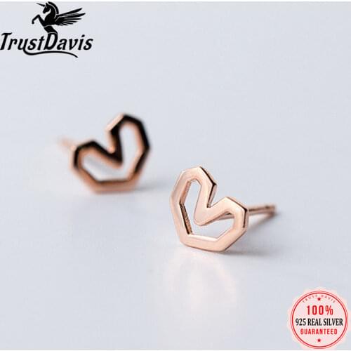 Trustdavis Authentic 925 Sterling Silver Fashion Cute Tiny Hollow Nice Heart Stud Earrings for Women Wedding Jewelry Gift DS194