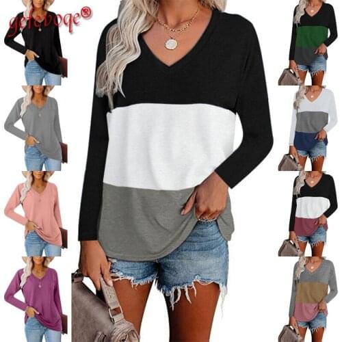 2021 Fashion Patchwork Print Autumn T-shirt Aesthetic Harajuku V-neck Women Top Solid Color Tee Streetwear Loose Oversize Tshirt