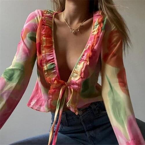 Blouse Chiffon Navel Exposed Mini Women Floral Printing Blouse for Party blouse women summer women blouses 2021 fashion