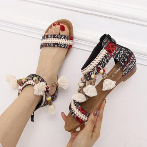 2021 Bohemian Fringe sandals women summer zipper cover heels beach shoes woman wedges tassel gladiator sandalias plus size 36-42