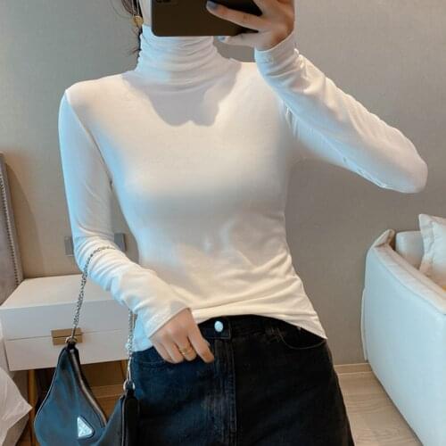 Woman Tshirts Long Sleeve Turtleneck Slim Korean Soild Basic T-shirt Female Elasticity White Mujer Camisetas Femme T-shirts Tops