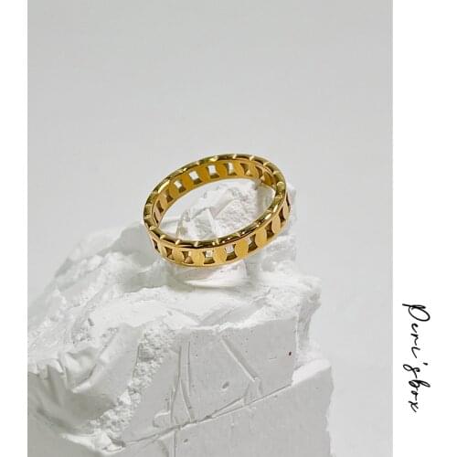 PerisBox Titanium Steel Gold Color Curb Chain Rings For Women Minimalist Cuban Link Jewelry Hollow Out Thick Chains Ring