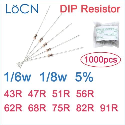 1000pcs 5% 1/6W 1/8W Carbon Film Resistor DIP 43R 47R 51R 56R 62R 68R 75R 82R 91R OHM color ring 1R~2M LoCN