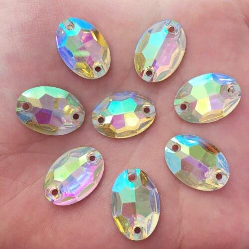 50 Pcs Shiny AB 13*18mm Oval Flat Back Resin Rhinestone DIY Wedding 2 Hole Applique Ornament Crafts F532